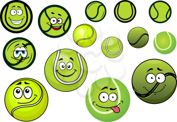 Cute green tennis balls mascots cartoon characters with black and white wavy lines and second variant without smiley face for sporting competition design