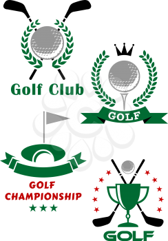 Golf championship emblems or badges showing balls, putters, tee, trophy cup and hole with flag encircled laurel wreaths, stars and ribbon banners