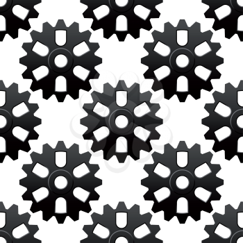 Mechanical cogwheels black and white sesamless background pattern with repeated motif of gear wheels suitable for engeneering or motion concept design