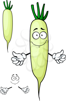 Fresh smiling white radish vegetable cartoon characters showing crunchy root with green haulms suitable for healthy nutrition or vegetarian concept design
