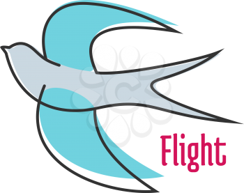 Abstract flying swallow in outline sketch style with blue feather and forked tail isolated on white background with caption Flight suited for logo or emblem design