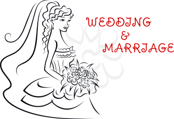 Wedding and marriage background showing young pretty bride with curly long hair and bouquet of flowers in her hand