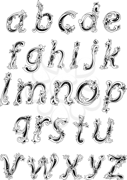 Floral alphabet in outline sketch style with lowercase letters decorated abstract flowers and leaves curlicue for vintage design 