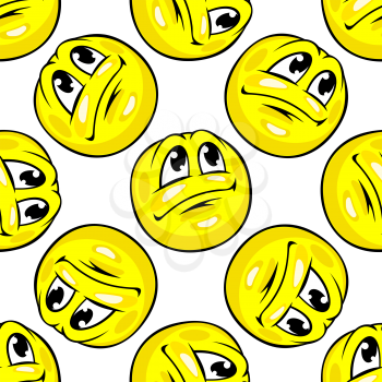 Joyful yellow emoticons seamless pattern with repeated motif of cartoon glossy smiley on white background for fabric or wrapping design