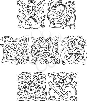 Abstract contoured animals and birds in traditional celtic knot style decorated tribal geometric ornament suitable for totem medieval styled embellishment  design