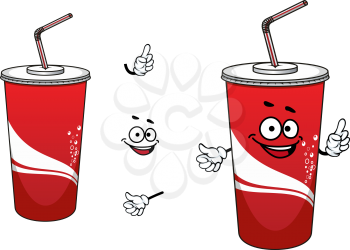 Funny cola or soda cartoon character depicting red paper cup with lid and straw decorated white waves and bubbles for take away or fast food design