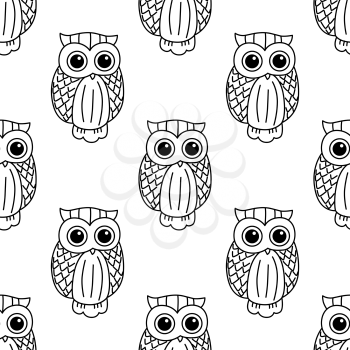 Vintage seamless pattern with cute black owls in outline sketch style on white background for textile or wallpaper design 