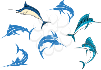 Jumping blue marlins or swordfishes with long thin noses and big dorsal fins isolated on white background for sporting fishing logo or emblems design
