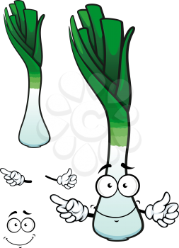 Cartoon leek vegetable character depicting smiling onion with bright green sprouts isolated on white background for vegetarian or healthy nutrition design