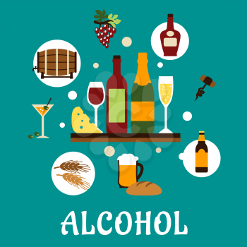 Alcohol drinks or beverages flat concept depicting bottles of wine, beer, champagne, brandy, filled wineglasses, wooden barrel, glass with cocktail and olives and some light snacks for party or restau