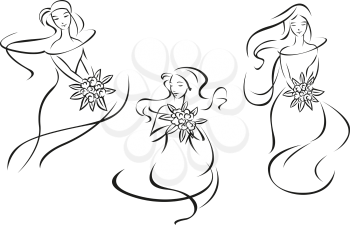 Silhouettes of pretty brides girls in outline sketch style with bouquets of flowers and pointed leaves for bridal salon logo or emblem design