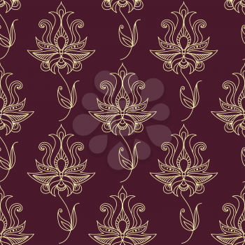 Seamless vintage ethnic flourish pattern with abstract beige flowers in paisley style on violet background for indian textile print or page fill design