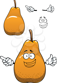 Fresh pear cartoon character depicting juicy bell shaped yellow fruit with dry brown stalk and happy smile isolated on white background 