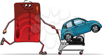 Buying car concept showing happy red credit card cartoon character with new blue car and set of tires in shopping cart isolated on white background