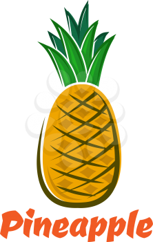 Bright yellow pineapple fruit with green tough waxy leaves in cartoon style for healthy nutrition or diet dessert design