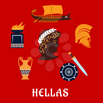 Ancient Greece flat concept depicting greek hero profile in laurel wreath surrounded by greek symbols: war galley, soldier helmet, shield and xiphos sword, amphora with geometric ornament and fire pit