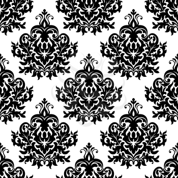 Seamless victorian floral black and white pattern with damask repeated motif of lush curly flower and leave scrolls for luxury wallpaper or tapestry design
