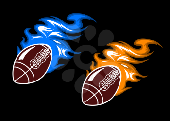 Cartoon brown rugby balls with blue and orange fire flames on black background for sporting design