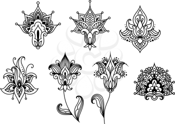 Contoured abstract paisley floral design elements in indian style desorated swirls and curlicues isolated on white background