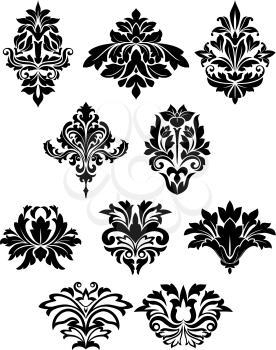 Black floral design elements in damask style with silhouettes of bold curly flowers suited for pattern, greeting card or invitation design