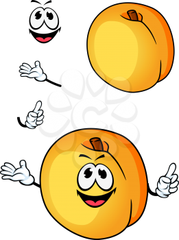 Cartoon smiling yellow peach or nectarine fruit mascot character with velvety skin and dry brown stalk for food or agriculture design