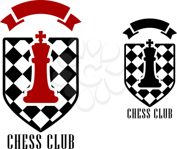 Chess club logo or emblem template including figure of red king on chess board shield decorated red ribbon banner with copy space