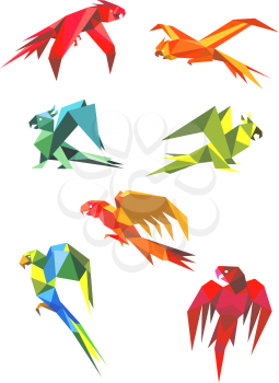 Colored origami parrot birds in flight with open beaks and long tails isolated on white background for logo or emblem design