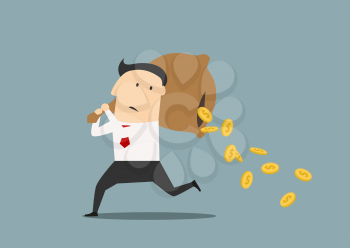 Cartoon businessman running with money bag on his shoulders and losing golden coins that poured out from a hole in the bag suitable for negligence or carelessness concept design