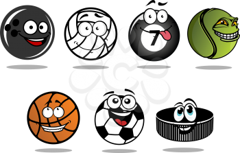 Funny cartoon ice hockey puck and sporting balls characters showing classic equipments for volleyball, football or soccer, basketball, ice hockey, bowling, billiards and tennis with happy smiling face
