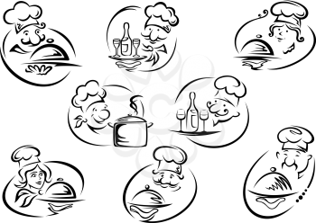 Female and male chefs in toques holding trays with dishes, pan, bottles and glasses in doodle sketch style for restaurant or cafe logo and emblems design