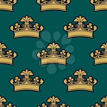 Seamless vintage royal crowns pattern with carved leaves and swirls on dark turquoise background for luxury wallpaper or interior design