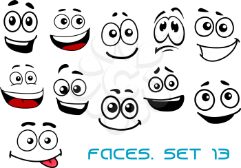 Cute cartoon emotional faces with toothy, shy, teasing and sad smiles isolated on white background for comics or avatar design