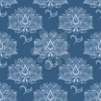 Indian traditional paisley flourish seamless pattern of flowers with white outline petals ornately on pale blue background for textile or wallpaper design