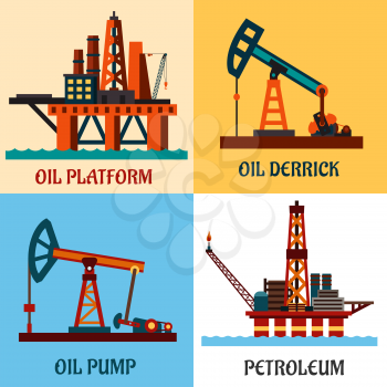 Oil production industry concept showing oil platforms in the ocean and oil pump jacks with texts Oil Platform, Oil Derrick, Petroleum and Oil Pump. Flat style