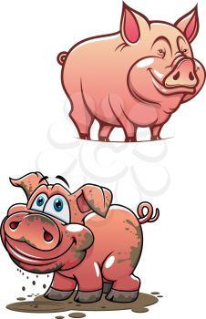 Pleased cartoon dirty piggy standing in a puddle and shining clean pink pig characters with smiling faces for agriculture or comics design