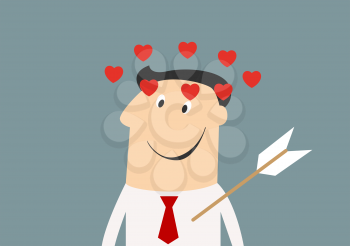 Amused enamored businessman with love arrow in chest surrounded flying red hearts in cartoon style suited for Valentine's Day greeting card or love concept design