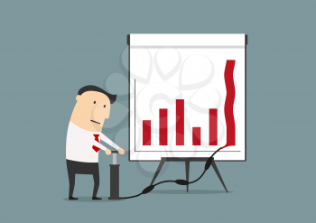 Cartoon businessman or manager pumping up a red financial graph to increase profit or sales, flat style