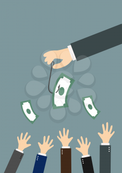 Cartoon hands trying to reach money dangling on a fish hook suited for motivation concept design, flat style