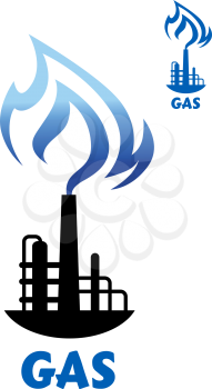 Gas production industry symbol showing black silhouette of industrial plant exterior with storage tanks, pipe and blue flame