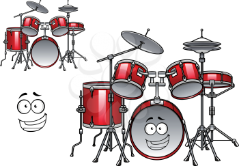 Cartoon red drum set character with shiny cymbals and happy smiling face suitable for musical design