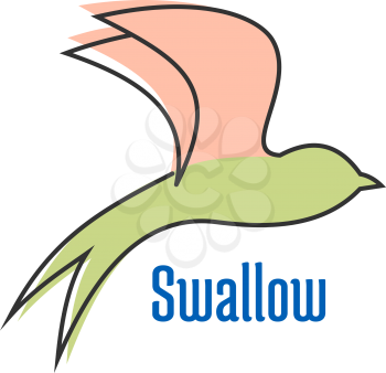 Flying swallow bird profile abstract silhouette in green and pink pastel colors isolated on white background with blue text Swallow