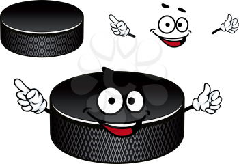 Black ice hockey puck cartoon character with recesses on the vertical edge suited for sporting mascot or team emblem design