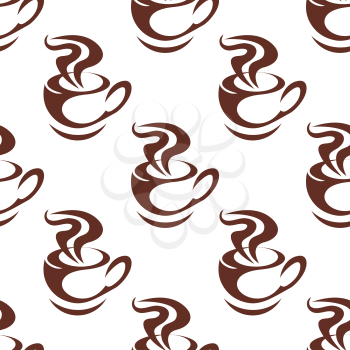 Seamless pattern with brown steaming cups of coffee in sketch style for fast food or cafe design