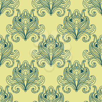 Vintage flourish seamless pattern in persian style with outline blue dense flower buds decorated with ethnic paisley ornaments on yellow background