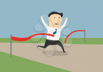 Happy cartoon running businessman crossing the finish line, for business competition or success concept design