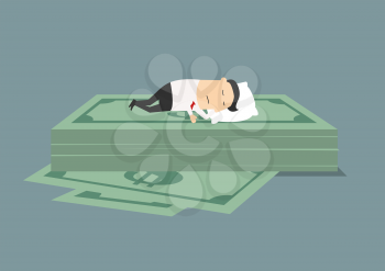 Cartoon businessman sleeping on big stack of dollar banknotes, or success or wealth concept design