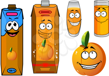 Colorful cartoon orange juice and fruit characters with two different cartons, two glasses full of juice and a fresh whole orange and leaf, all with happy faces