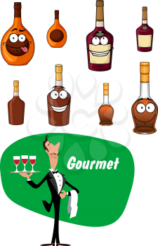Elegant wine steward toting a tray with drinks and a collection of alcoholic beverages and liqueurs in bottles with happy faces and text Gourmet