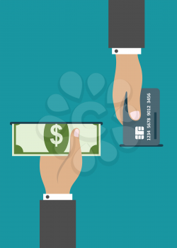 ATM payment by credit card or cash concept with the hand of a businessman holding a bank card and a second holding a banknote
