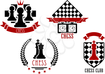 Chess game sports logos and emblems set isolated on white with red and black figures